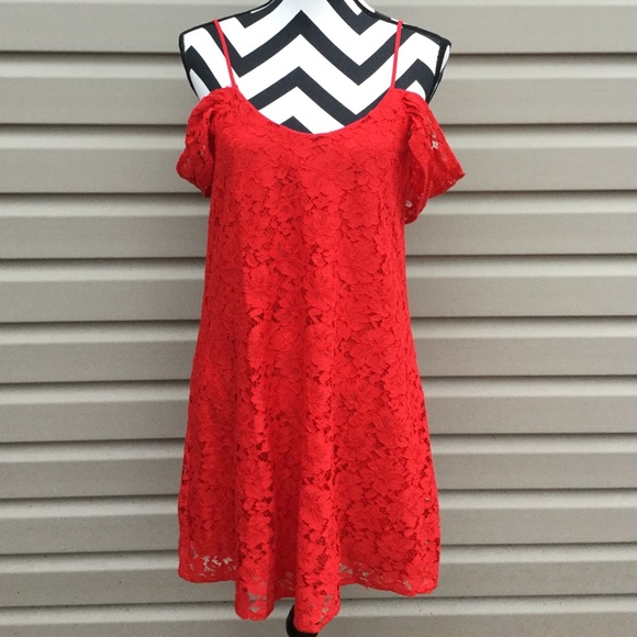 red lace cold shoulder dress